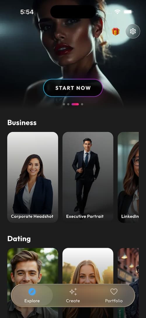 SelfAI – AI Headshot Generator app interface showing professional AI headshots created from a selfie